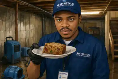 Water Damage Technician Accepts Fruit Cake While Working In Customer Basement