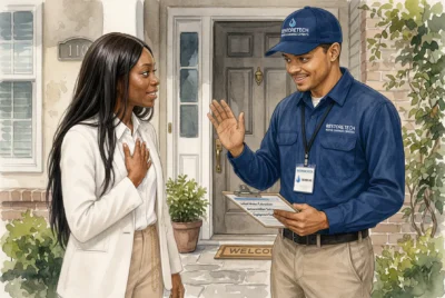Water Damage Restoration Technician Politely Greets Stressed Out Homeowner