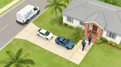 residential carpet installers approach front door after parking in the street