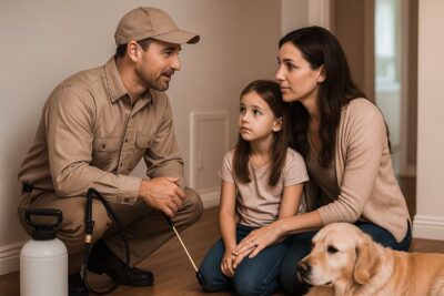 experienced pest control professional builds trust with homeowner and family