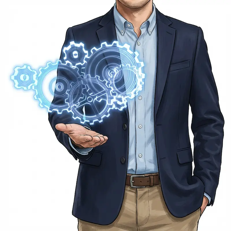 how-to-optimize-your-small-business-systems concept of small business owner observing the gears of his optimized service operation systems