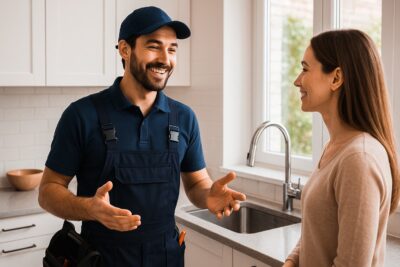 plumbing technician carefully explains repair process to build a great business reputation