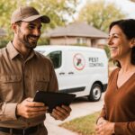 qualified pest control technician greets female homeowner