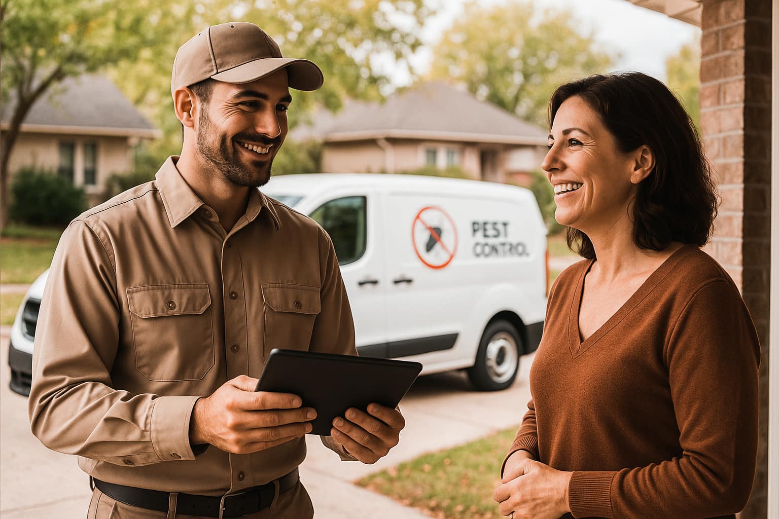qualified pest control technician greets female homeowner