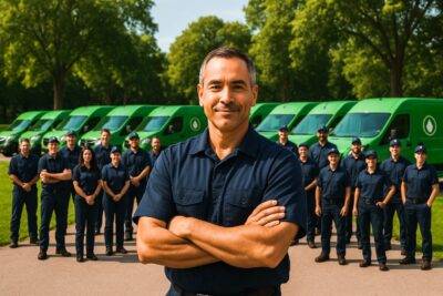 residential plumbing operation owner stands proudly with team in background