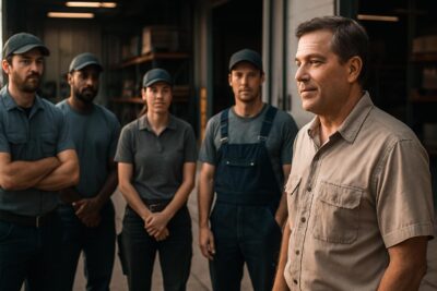 small HVAC business owner meets with service team