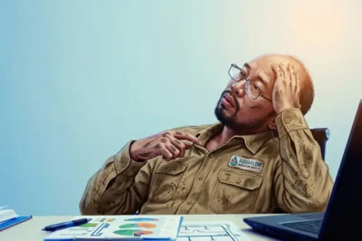 exhausted and dirty residential irrigations services operator sits contemplating if he should continue as solopreneur for maximum success